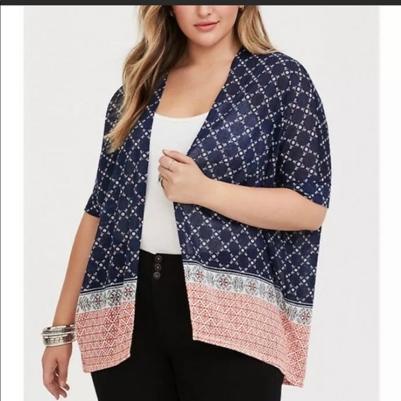 Torrid Dolman Sleeve Border Print Style Blue,White & Peach Open Cardigan Size 20 - Picture 6 of 9
